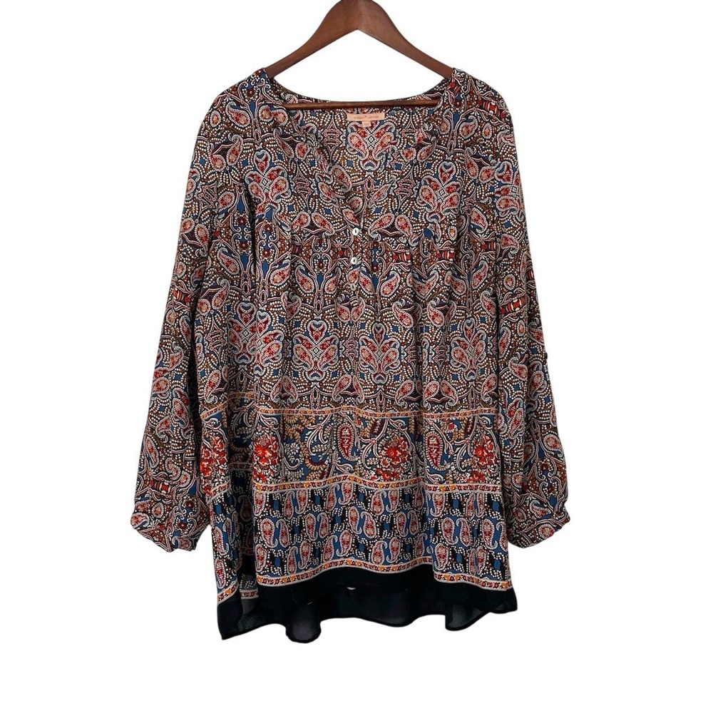 Gibson Latimer Women's 3X Plus Paisley Multicolor Long Sleeve Button Blouse